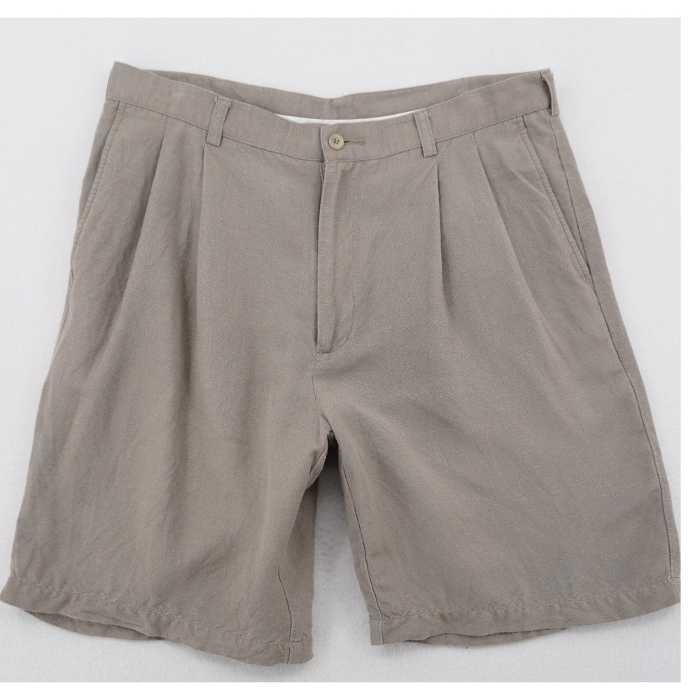Vintage Perry Ellis Portfolio Linen Blend Pleated Shorts Men's 34 Taupe